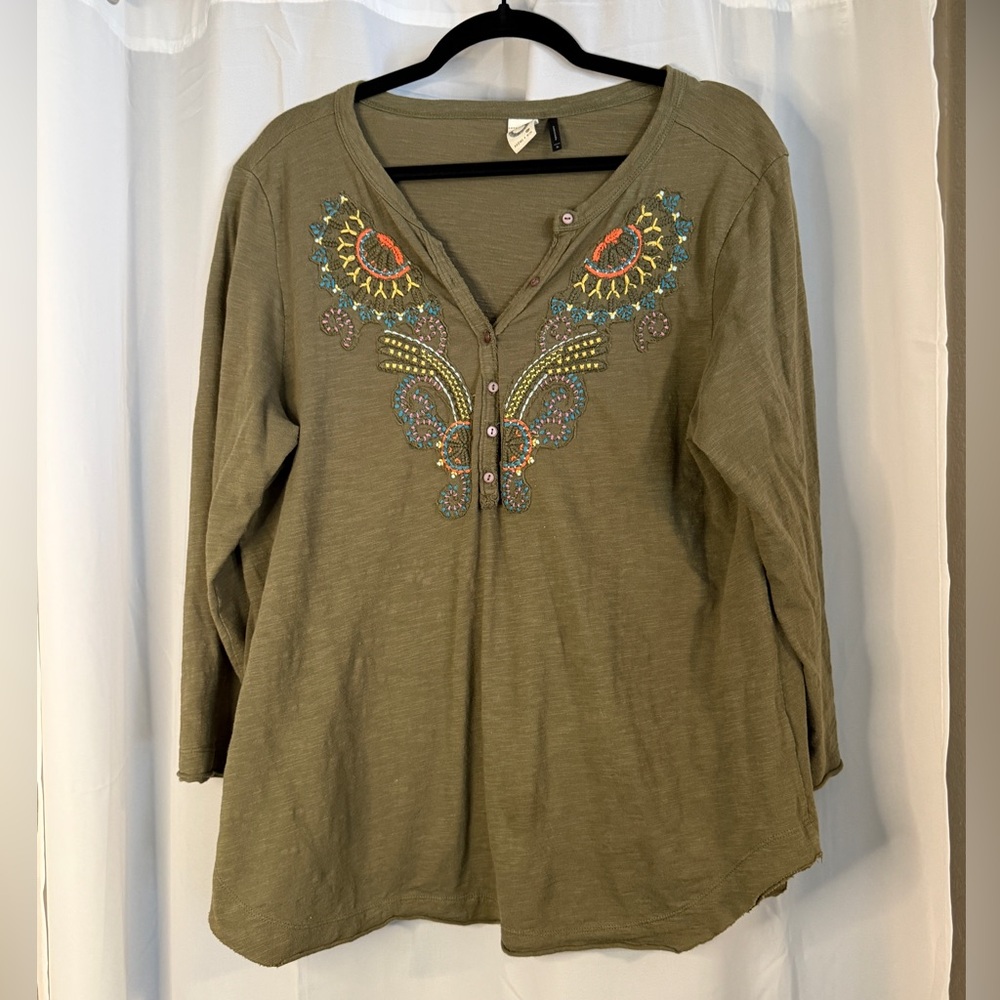 Anthropologie Olive Green Embroidered Henley Blouse